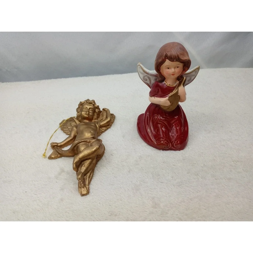 Angel Figurines Set of 2 Gold & Red Harp Hanging Christmas Holiday Decor‎